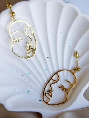 Abstract Face Earrings, Gold Stainless Steel Modern Art Hoops